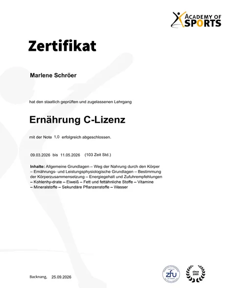 Zertifikat „Ernährung C-Lizenz“ der Academy of Sports (Ausschnitt, ohne persönliche Daten)