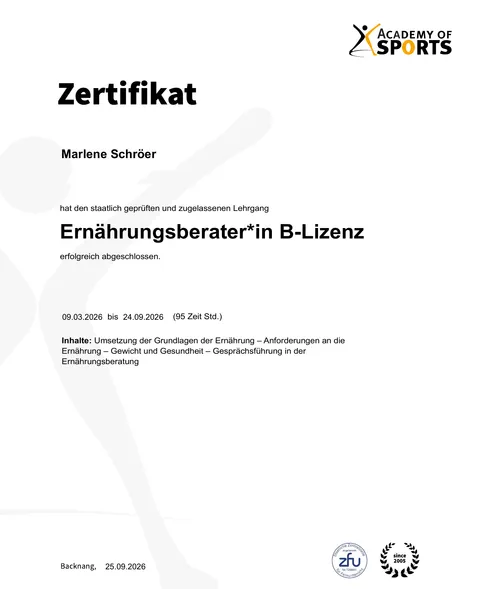 Zertifikat „Ernährungsberater*in B-Lizenz“ der Academy of Sports (Ausschnitt, ohne persönliche Daten)
